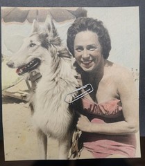 Photo Portrait Woman 1964 Pet Dog Husky Color Colored Swimsuit Dedication