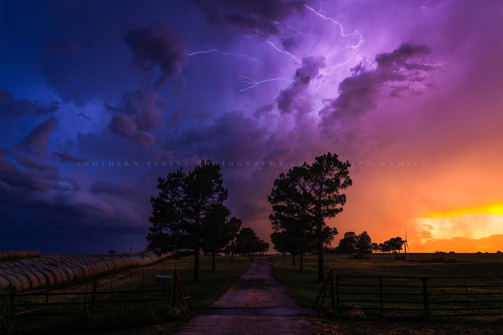 Stormy Sky with Lightning Over Road and Trees in Oklahoma Photo Print (Unframed)