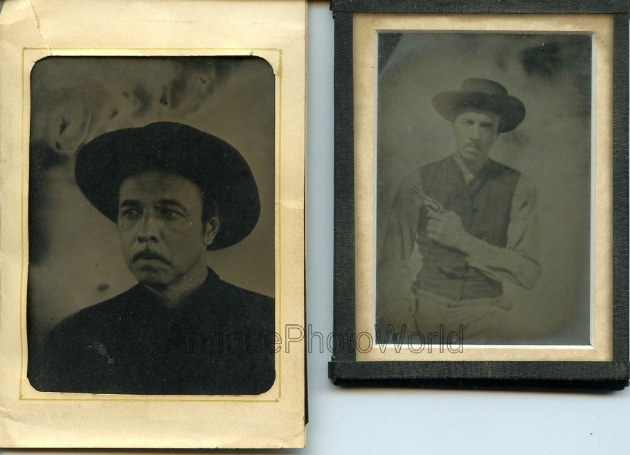 Cowboy with gun vintage contemporary ? tintype 2 photo lot