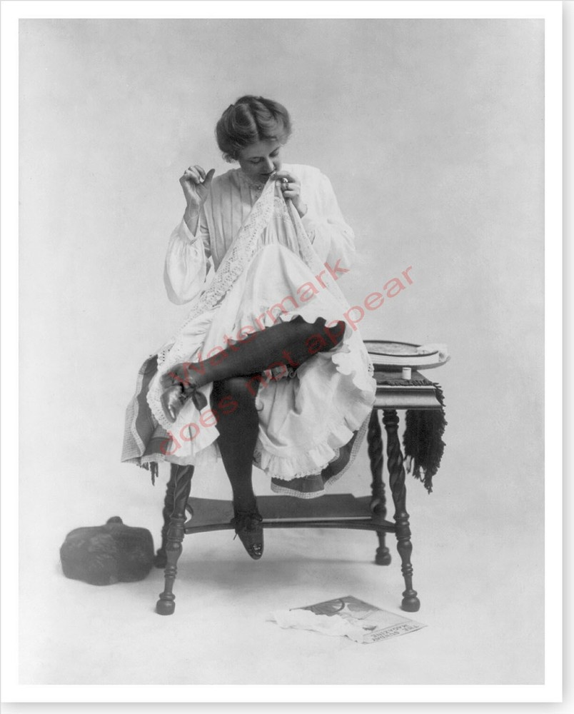 A Stitch In Time Woman Mending Her Dress Nostalgic 1904 Silver Halide Photo