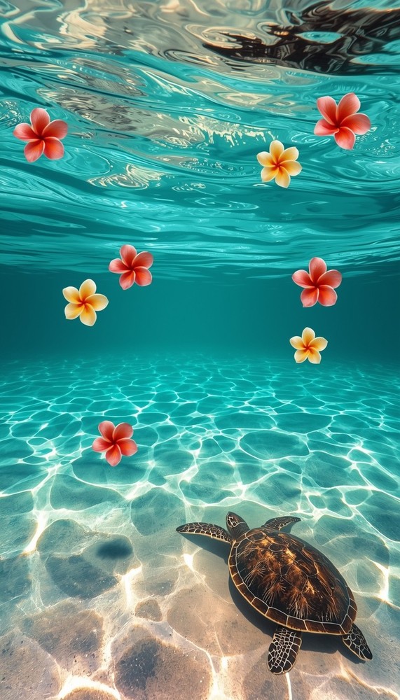Luxury Tropical Ocean Wallpaper 4K | Beach Turtle Floral Aesthetic