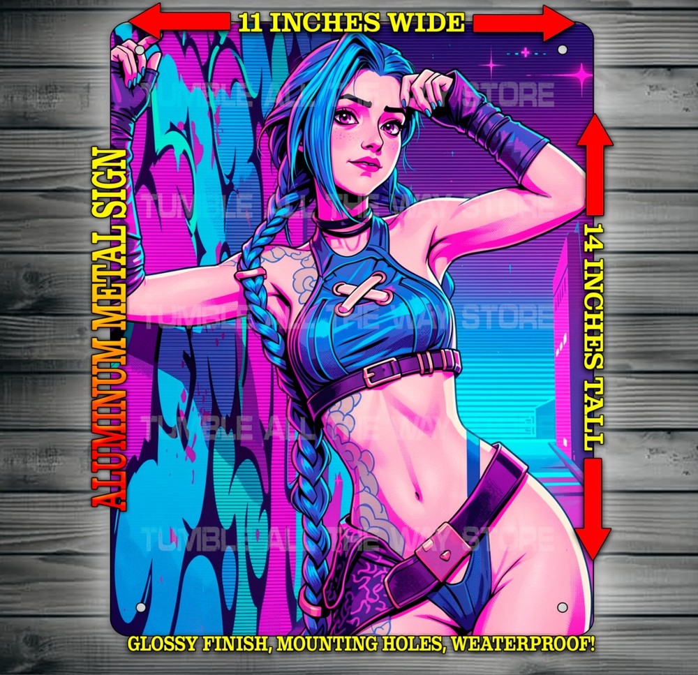 Jinx Arcane League of Legends Anime Synthwave Metal Sign Wall Art 14″ x 11″