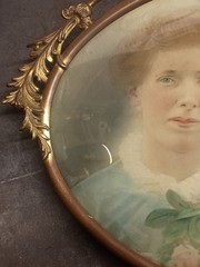 Antique Portrait Convex Bubble Glass Oval Frame Ornate Metal Early 1900s