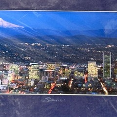 Portland Oregon Skyline at Night Photo Signed Sherrill Mt Hood Panoramic PNW Art