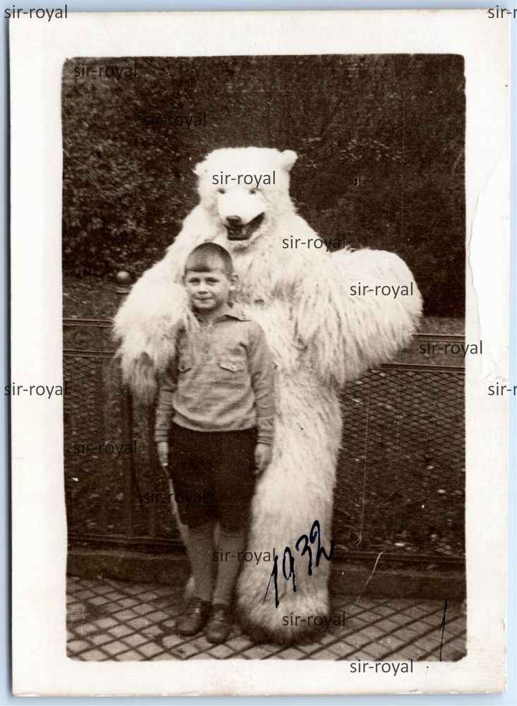 Man in Polar Bear Costume 1932 with Boy – 1930s – Photo 7x9cm