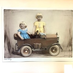 1930s Hand Tinted Photo Etching Engraving Girls Portrait Auto Car Bacon & Sons