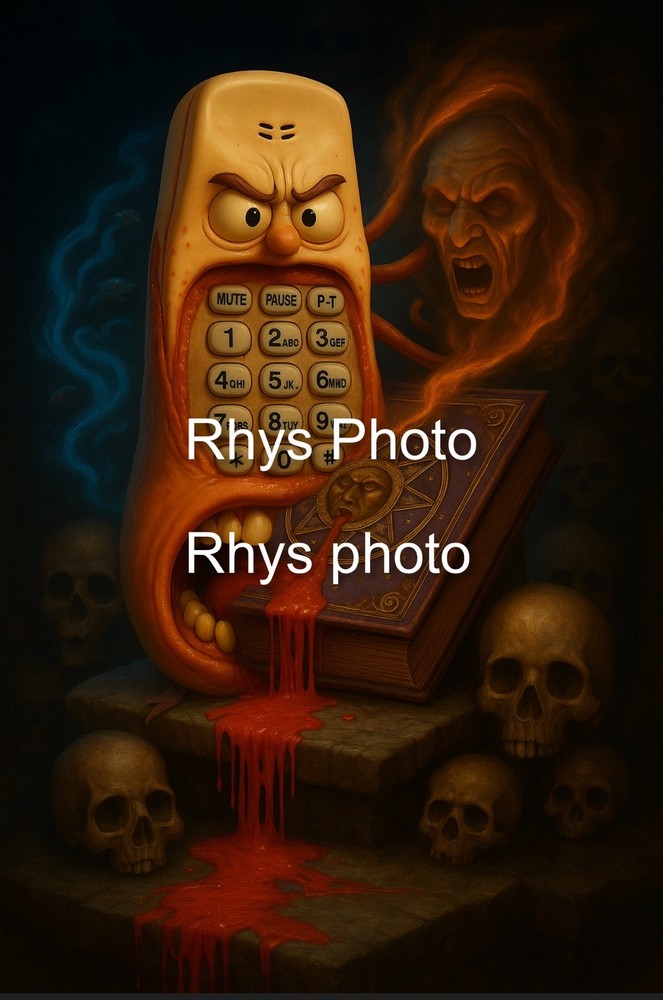 Dark Fantasy Horror Wall Art – Possessed Phone & Evil Spellbook Digital Download