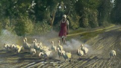 Larger size signed hand colored fine art Photograph, peasant girl walking with g