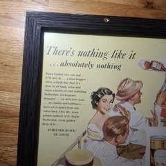 Vintage 1950s Budweiser Beer Baseball Advertisement Picture Framed Glass