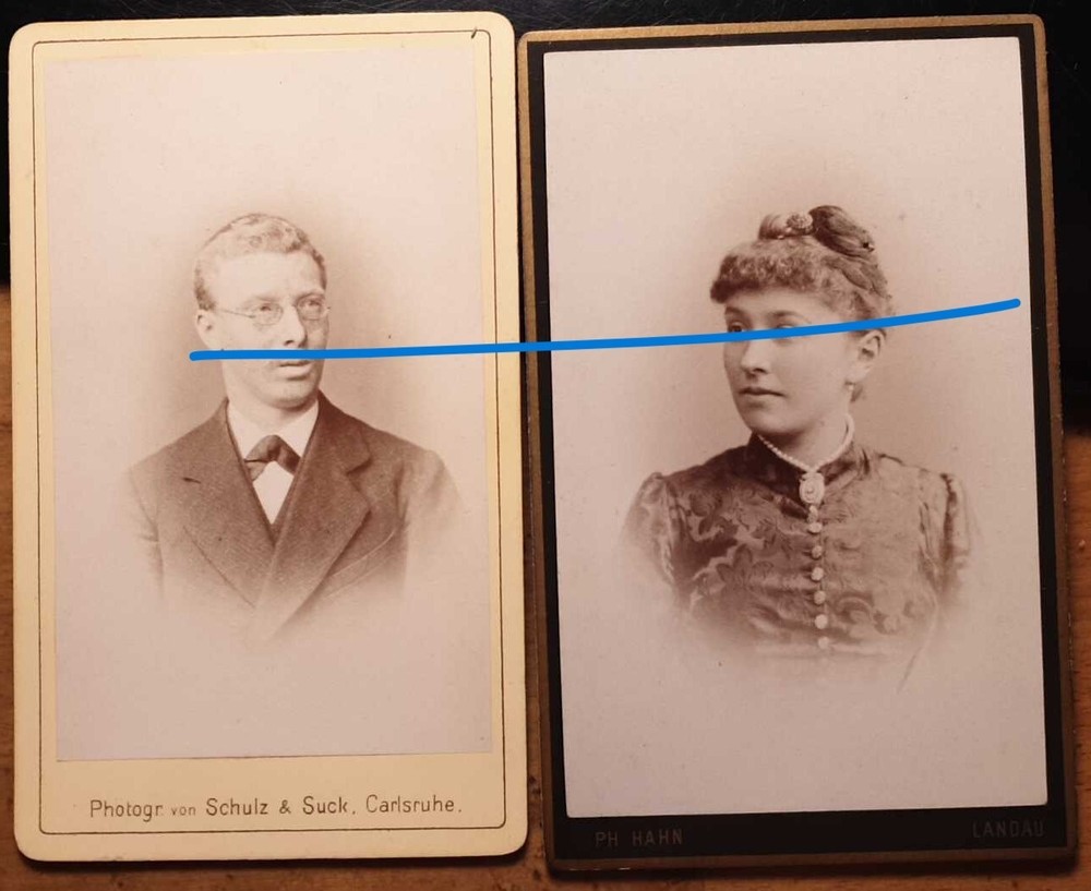 Ludwig Kollmar 1877 & his wife/2x CDV Karlsruhe & Landau I. Pf.