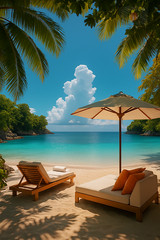 Digital Photo Art Wallpaper, Tropical Beach with Lounge Chairs and Umbrella Sea