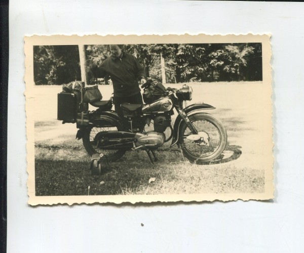 Old photo woman and motorcycle around 1950, 9x6cm