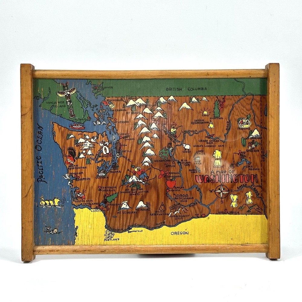 VTG Hand-Painted 1950’s Washington State Map Wood Wall Art / Serving Tray