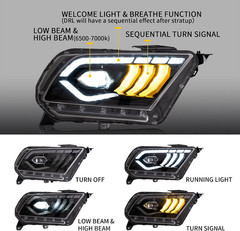 VLAND LED Headlights for 2010-2014 Ford Mustang W/Welcome/Breathe Function Dynam