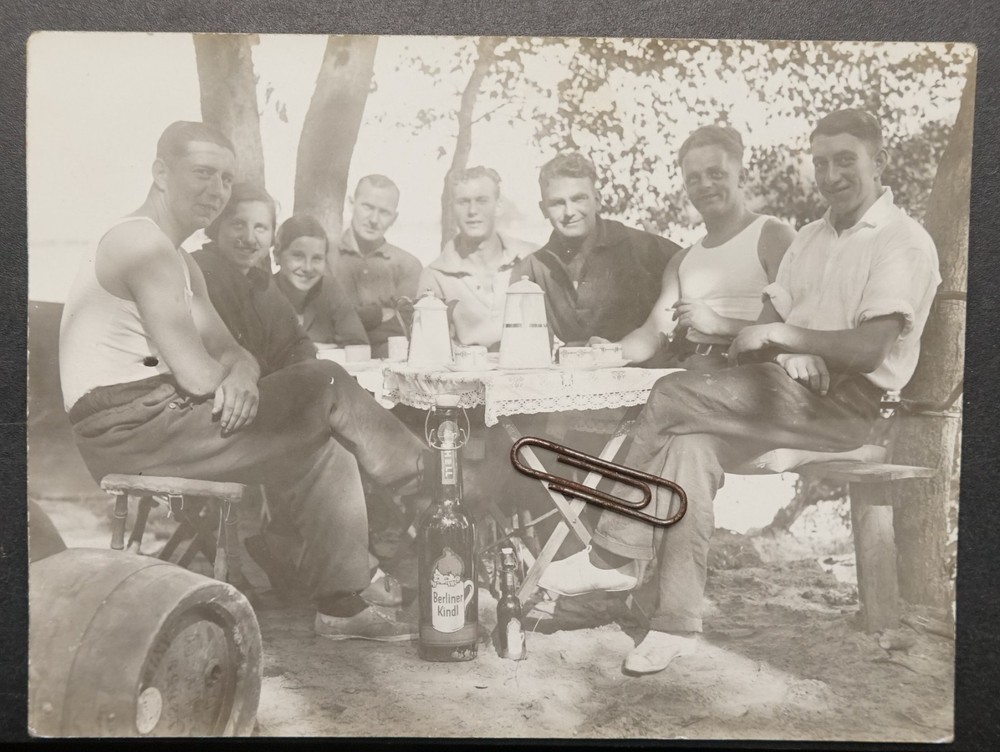 Photo Berliner Kindl bottle light beer men campsite enamel woman Brandenburg