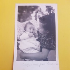 Photo Antique, Vintage, 1942, Young Girl with Baby in Arms, Excellent
