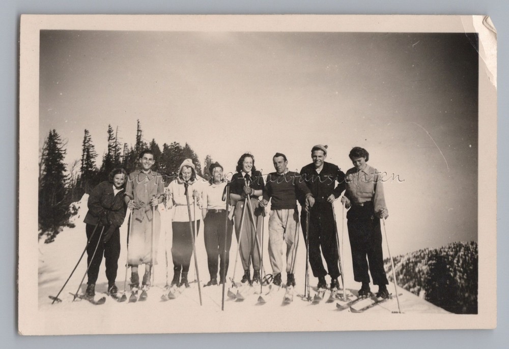 Women and Men on Skis – Bamboo Ski Poles – Vintage Photo