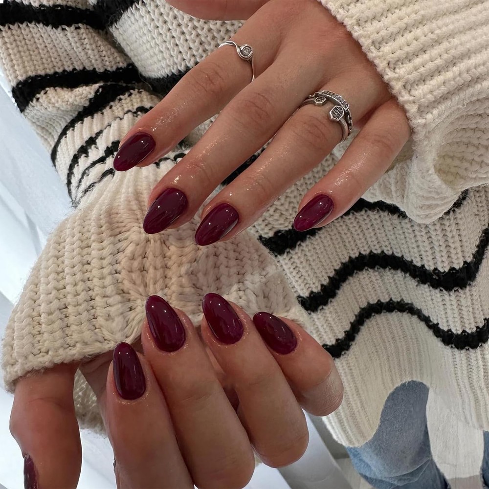 30Pcs Wine Red Press On Nails Short Oval, Thick Acrylic Press Ons, Short Almond N…