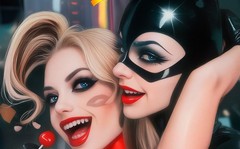 Sexy Harley Quinn and Catwoman Celebrating Metal Sign Wall Art 14″ x 11″