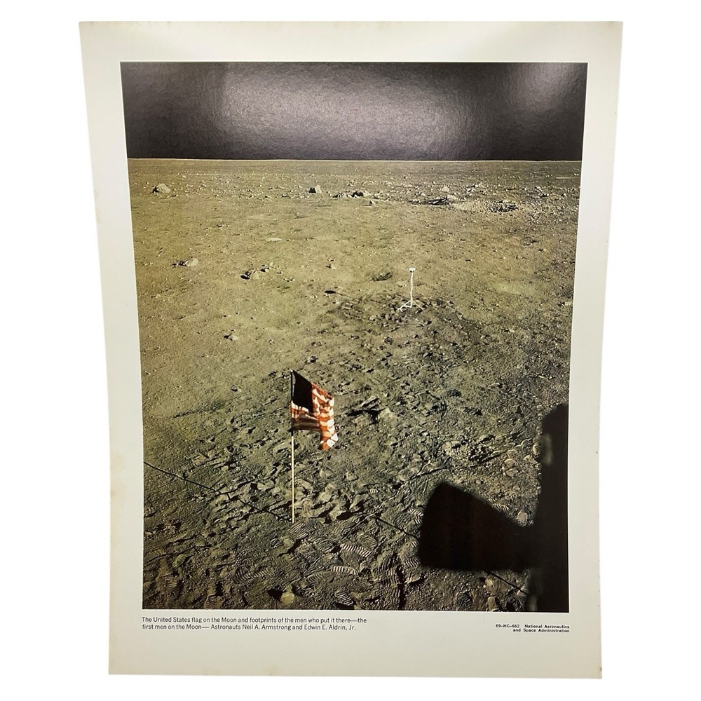 1969 NASA Moon Landing Photo US Flag and Footprints Apollo 11 Historic Print