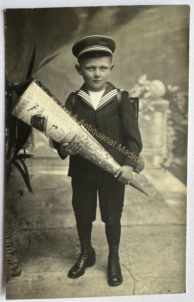 orig. Photo postcard photograph child children around 1925 boy enrolment school school bag