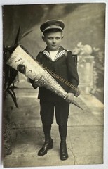orig. Photo postcard photograph child children around 1925 boy enrolment school school bag