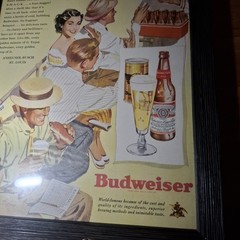 Vintage 1950s Budweiser Beer Baseball Advertisement Picture Framed Glass