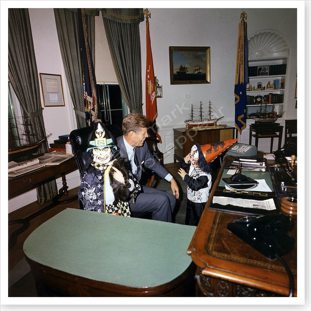 President John F. Kennedy Visited By His Kids In Halloween Costumes Photo