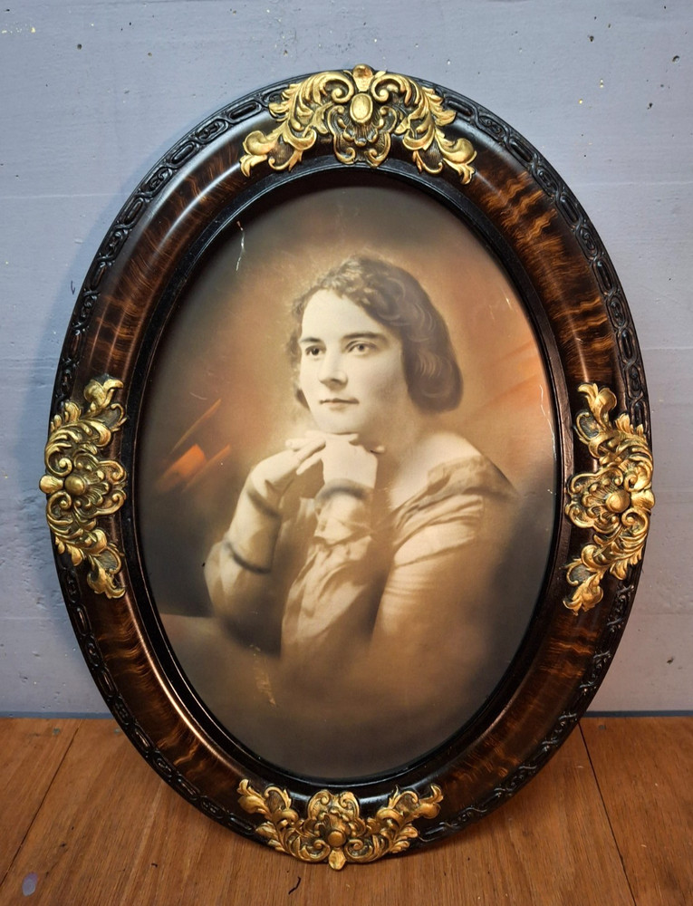 ANTIQUE Oval Portrait/Highly Ornate Tiger Wood & Heavy Gilded Gold Floral Frame
