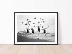 Vintage Beach Photography Women on Beach Jumping Balloons Poster Print