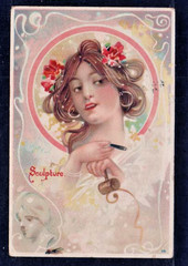 B465# Postcard, picture sculpture, young woman with cigar, STADE from 16.02.1910