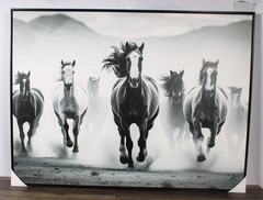 Large Running Horses Canvas Wall Art Black White Framed 40×30 Modern Decor