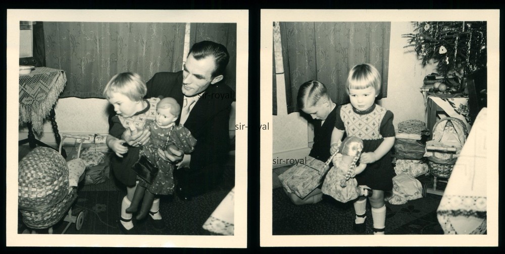 2x Girl with Toy Doll at Christmas – 1950s 1960s Keel – Photo 6x6cm