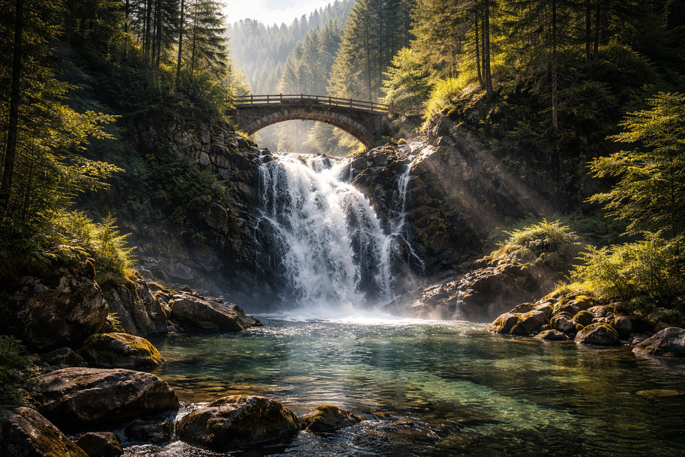 AI Generated Forest Waterfall Bridge Nature Landscape Scenic Wall Art 46