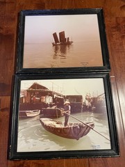 Vintage Asian Boat Photo Prints Framed Wall Art Pair China Hong Kong 15.5×12.5