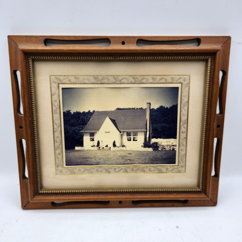 Vintage Framed Black & White Photograph 1950s House Home Scene Wood Frame Art
