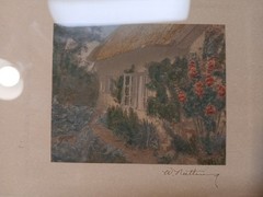 Wallace Nutting «Hollyhock Cottage» Antique Signed Print Hand Tinted
