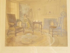 VTG Wallace Nutting Colorized Photo HARMONY HARP FIREPLACE INTERIOR 18.75″X15.8″