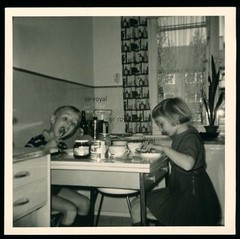 Boy and Girl at Breakfast Table in Kitchen – 1960s – Photo 9x9cm