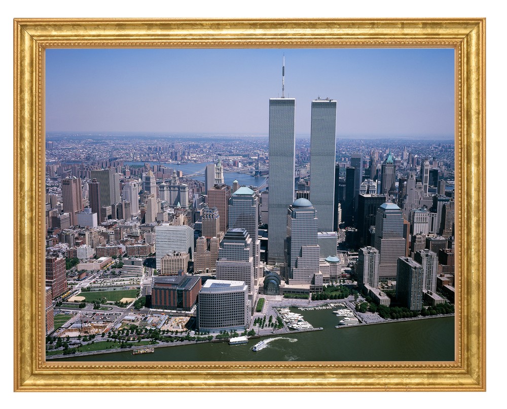 World Trade Center Towers Photograph in a Aged Gold Frame