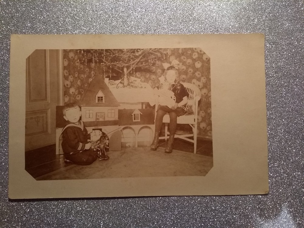 Foto AK alt antik Spielzeug Pferd Puppe Haus Weihnachten Christmas old Photo art