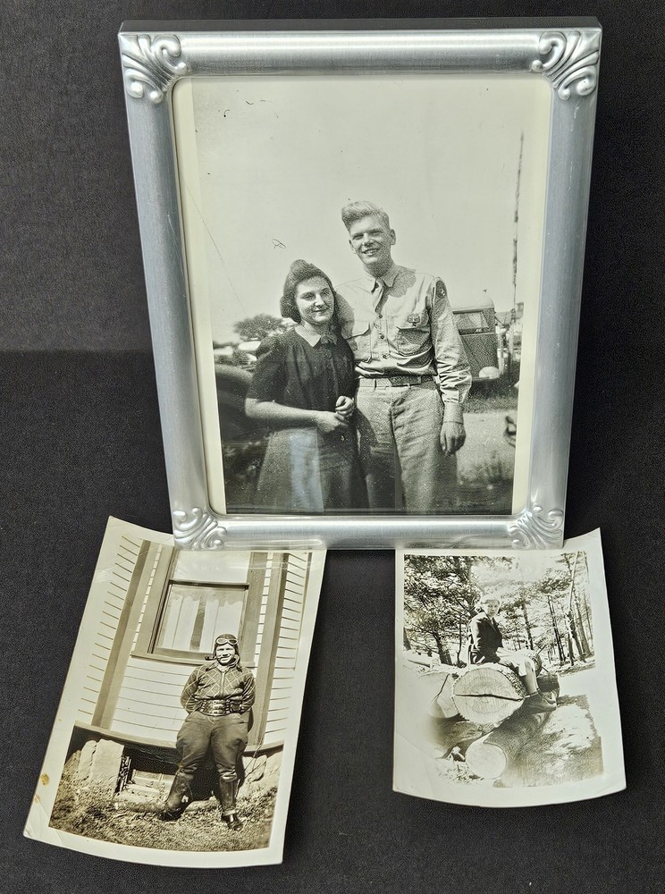 Vintage 1938 – 1942 Lot of 3 Black & White Photos Couple, A Guy & Lady on a Log
