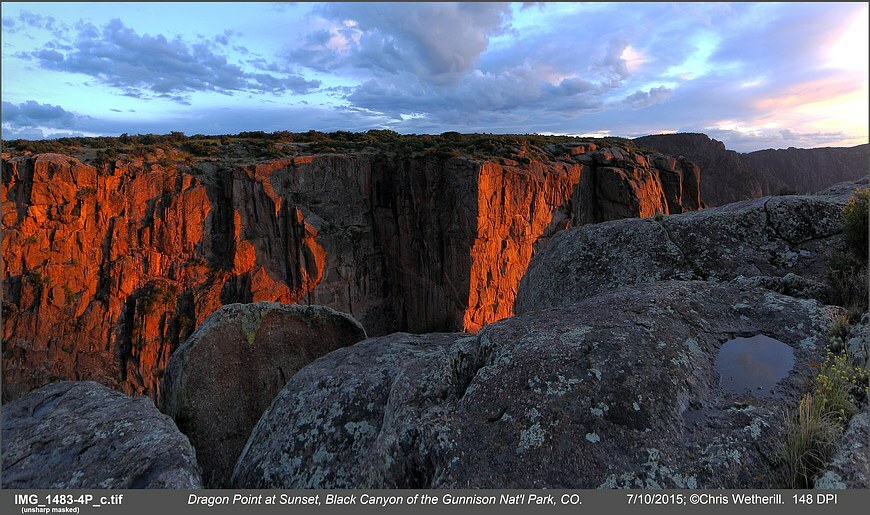 Dragon Point at Sunset, Black Canyon of the Gunnison Nat’l Park; 17″x30″ photo.