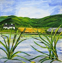 Lake Lakehouse Green Hills Blue Sky Art DIGITAL DOWNLOAD Soothing Landscape