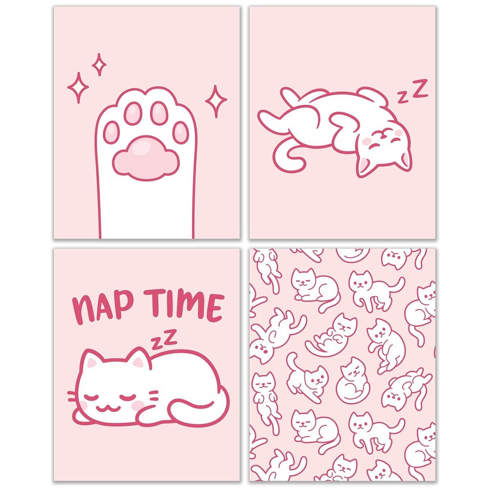 Crystal Canvas Prints Pink Cat Prints – Set of 4 (8×10) Inches Glossy Kawaii …