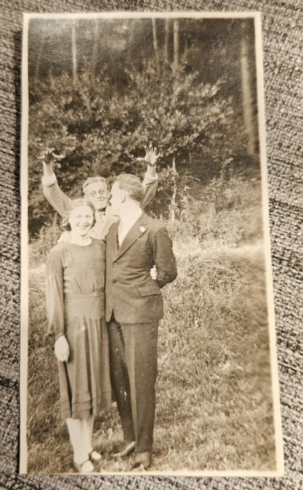 Woman Lady Maid with Men in Forest in a Glade (4.5×8.5) Original Photo