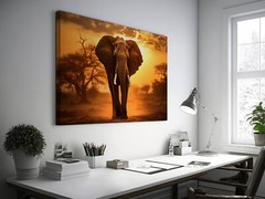 Elephant Canvas Wall Art, Sunset Nature Photo Pictures Large African Elephant