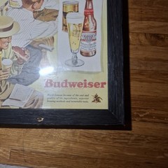 Vintage 1950s Budweiser Beer Baseball Advertisement Picture Framed Glass