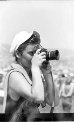 double exposure, ghost, sexy woman working w NIKON photo camera, vintage fine
