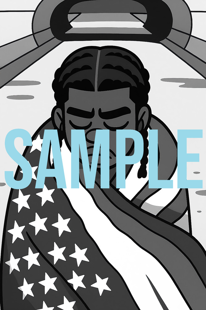 A$AP Rocky Monochrome Cartoon Portrait Wrapped in Flag Hip Hop Style Digital PNG